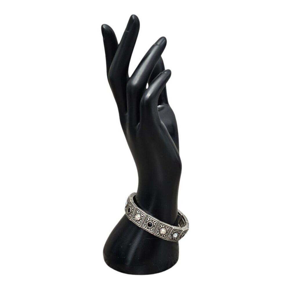 Vintage Art Deco Silver Tone Faux Onyx Moonstone Panel Stretch Bracelet